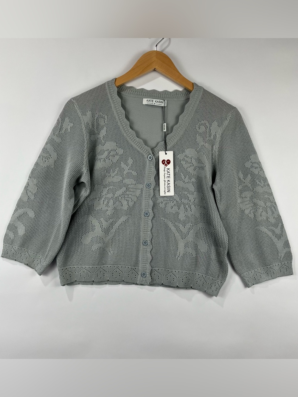 Kate Kasin L NWT Floral Pointelle Openwork Lightweight 3/4 sleeves Cardigan